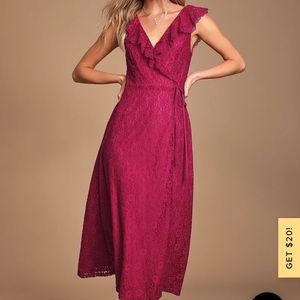 Lulus Magenta Maxi Wrap Lace Dress “Effortless Elegance”